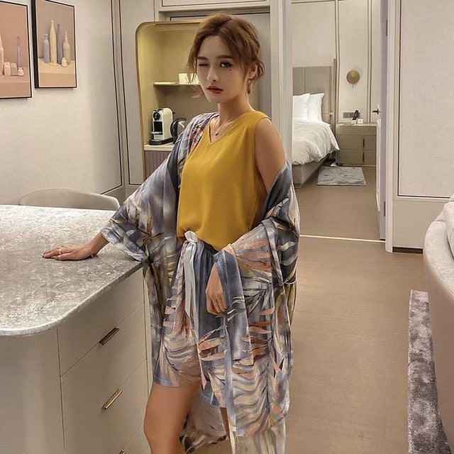 4Pcs Set Cardigan+Vest+Pants+Shorts Floral Printed Elegant Sleepwear