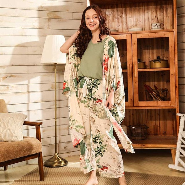 4Pcs Set Cardigan+Vest+Pants+Shorts Floral Printed Elegant Sleepwear