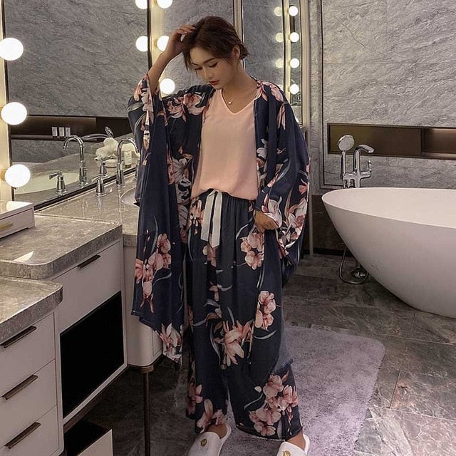 4Pcs Set Cardigan+Vest+Pants+Shorts Floral Printed Elegant Sleepwear