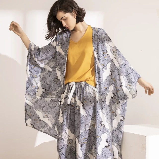 4Pcs Set Cardigan+Vest+Pants+Shorts Floral Printed Elegant Sleepwear