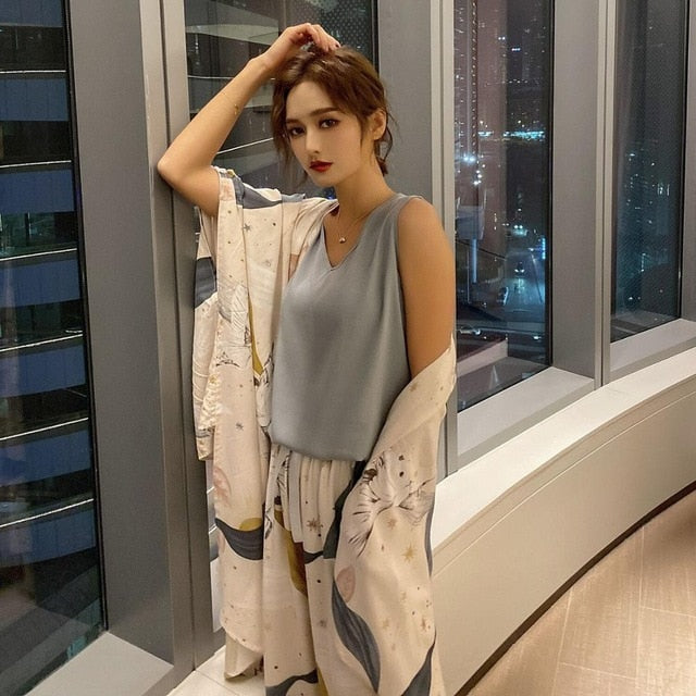 4Pcs Set Cardigan+Vest+Pants+Shorts Floral Printed Elegant Sleepwear
