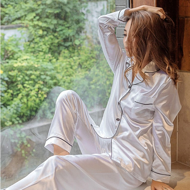 2  Piece Autumn Women Sleepwear Faux Silk Satin Pajamas Set