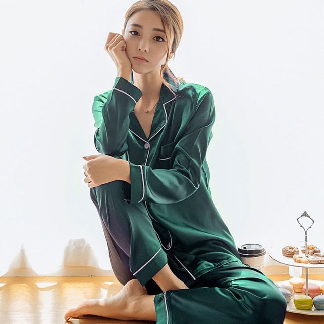 2  Piece Autumn Women Sleepwear Faux Silk Satin Pajamas Set