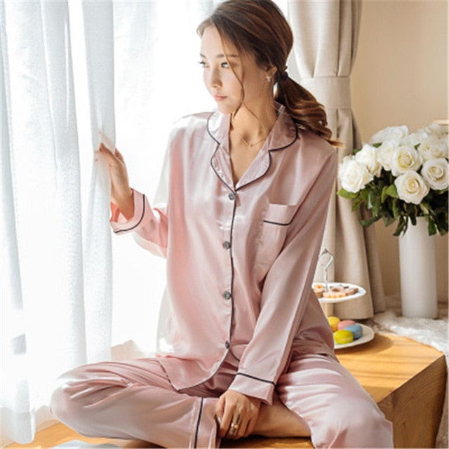 2  Piece Autumn Women Sleepwear Faux Silk Satin Pajamas Set