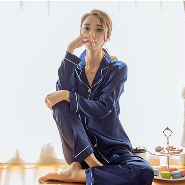 2  Piece Autumn Women Sleepwear Faux Silk Satin Pajamas Set
