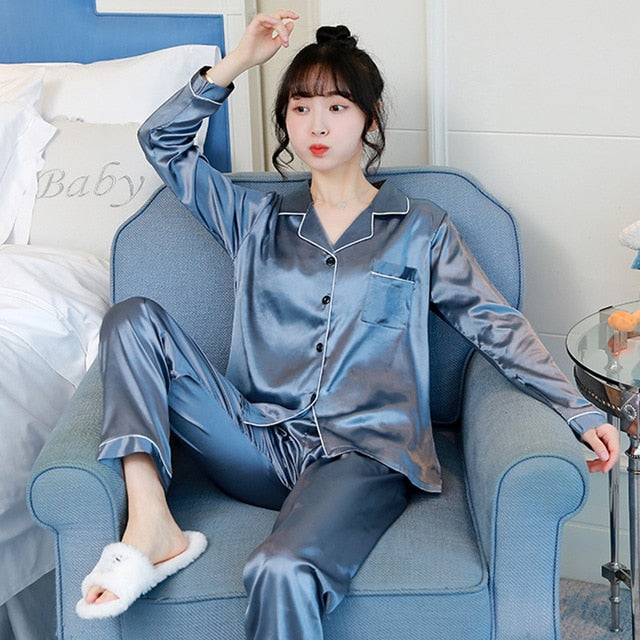 2  Piece Autumn Women Sleepwear Faux Silk Satin Pajamas Set