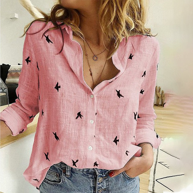 Women's Birds Print Shirts 35% Cotton Long Sleeve Female Tops