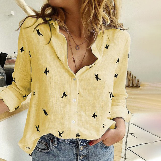 Women's Birds Print Shirts 35% Cotton Long Sleeve Female Tops
