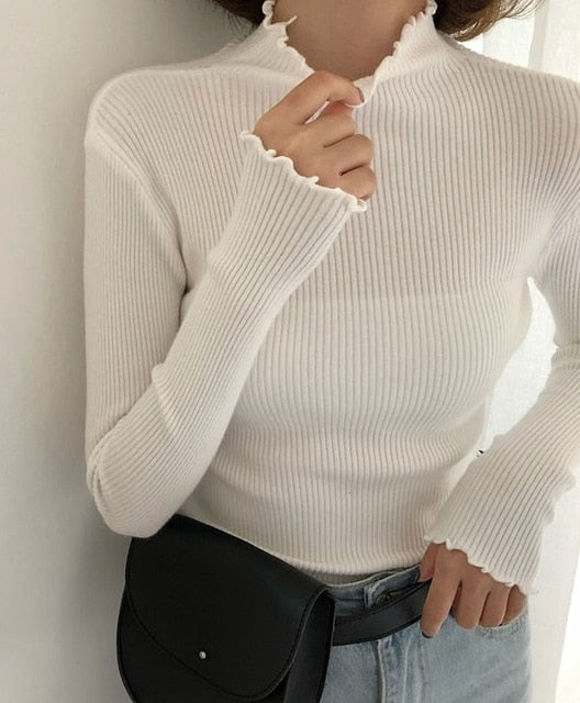 Turtleneck Ruched Women Sweater High Elastic Solid