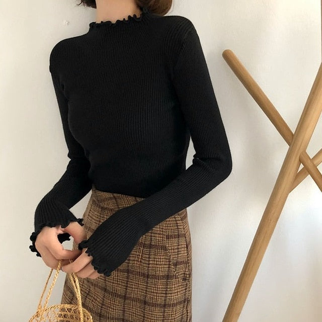 Turtleneck Ruched Women Sweater High Elastic Solid