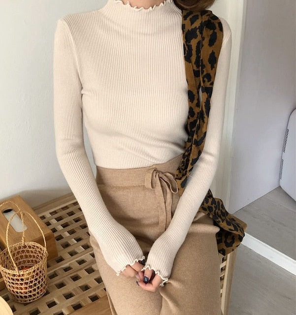 Turtleneck Ruched Women Sweater High Elastic Solid