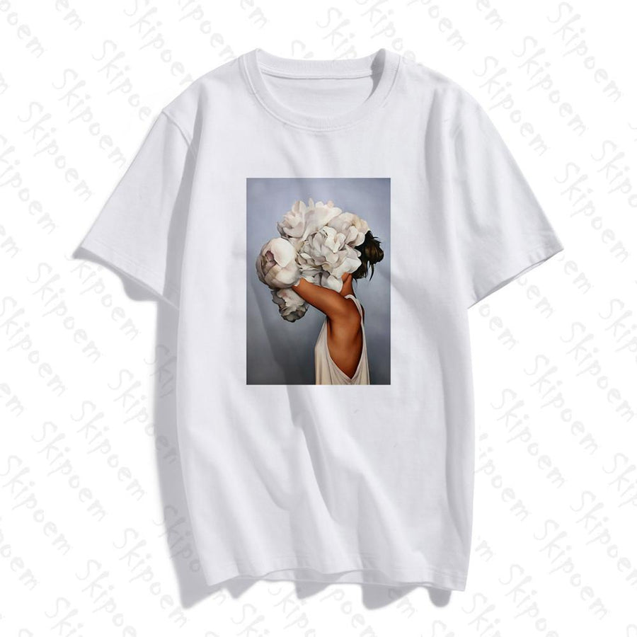 New Cotton Harajuku Aesthetics Tshirt Sexy Flowers Feather Print