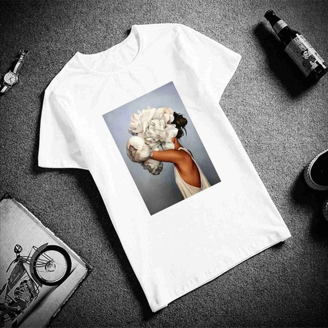 New Cotton Harajuku Aesthetics Tshirt Sexy Flowers Feather Print