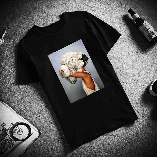 New Cotton Harajuku Aesthetics Tshirt Sexy Flowers Feather Print