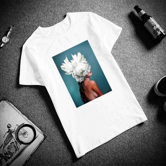 New Cotton Harajuku Aesthetics Tshirt Sexy Flowers Feather Print