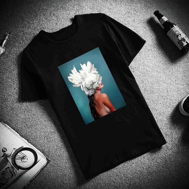 New Cotton Harajuku Aesthetics Tshirt Sexy Flowers Feather Print