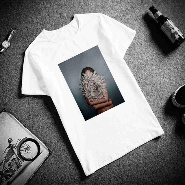New Cotton Harajuku Aesthetics Tshirt Sexy Flowers Feather Print