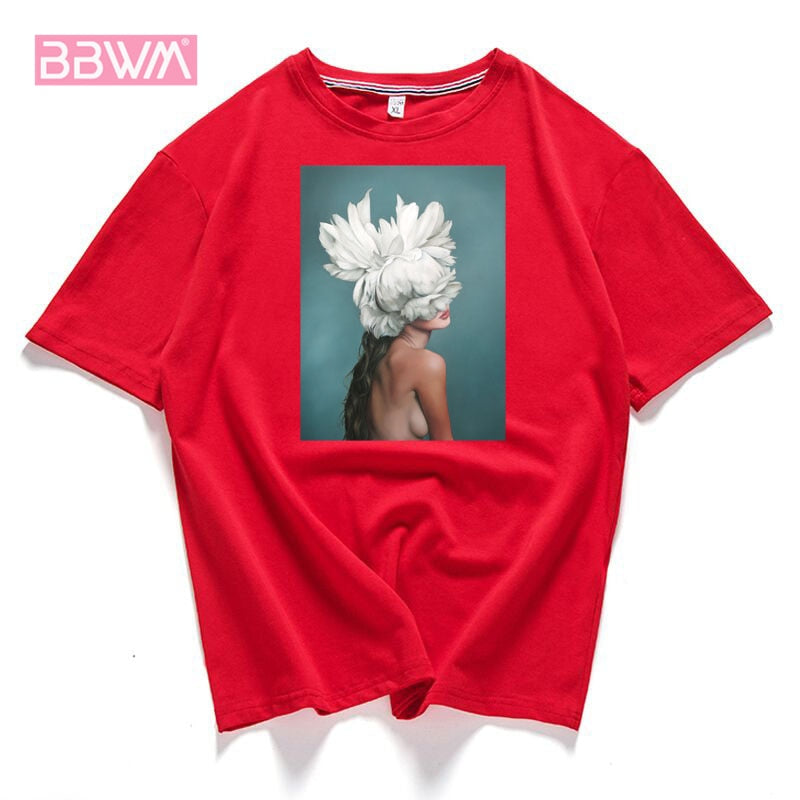 95% cotton bloom flower feather women t -shirt