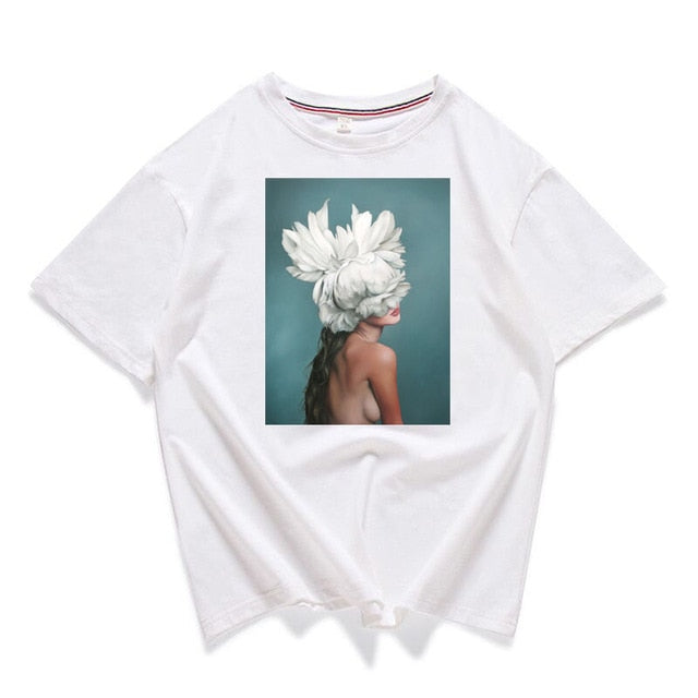 95% cotton bloom flower feather women t -shirt