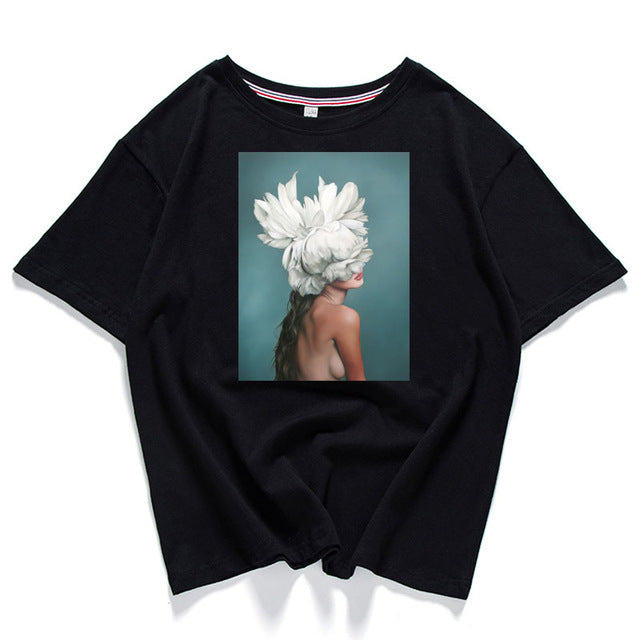 95% cotton bloom flower feather women t -shirt