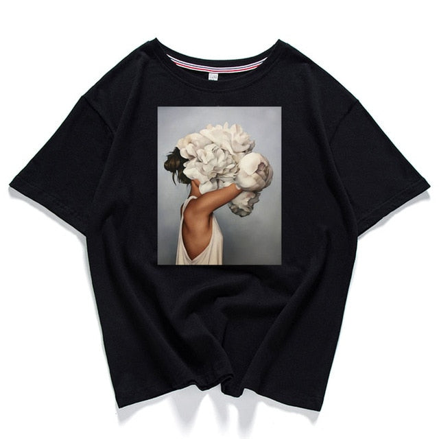 95% cotton bloom flower feather women t -shirt