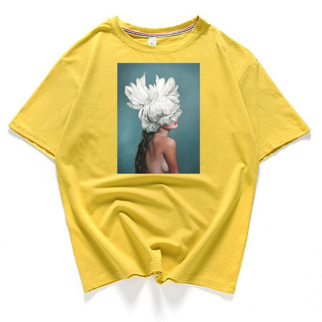 95% cotton bloom flower feather women t -shirt