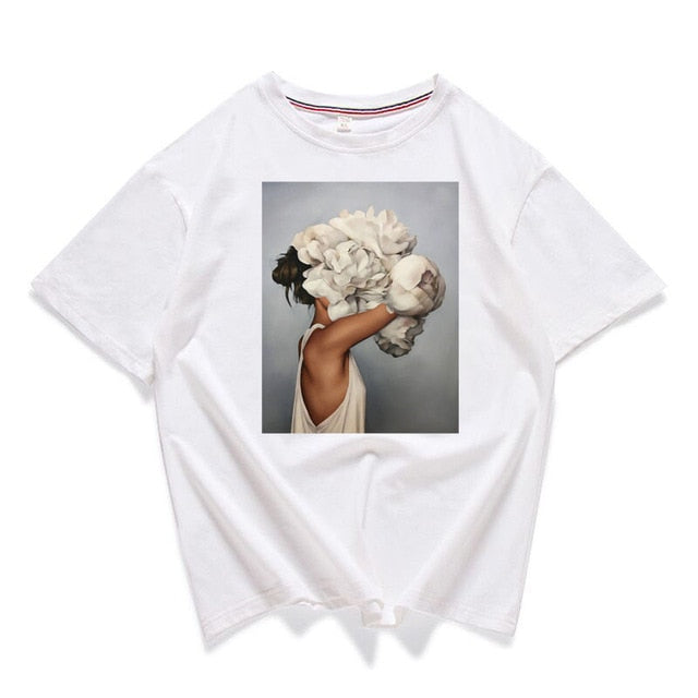 95% cotton bloom flower feather women t -shirt