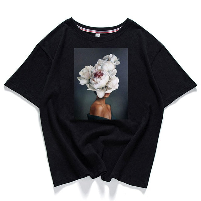 95% cotton bloom flower feather women t -shirt