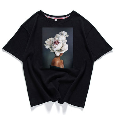 95% cotton bloom flower feather women t -shirt 2019 summer short sleeve round neck harajuku printing tee Casual fashion Female