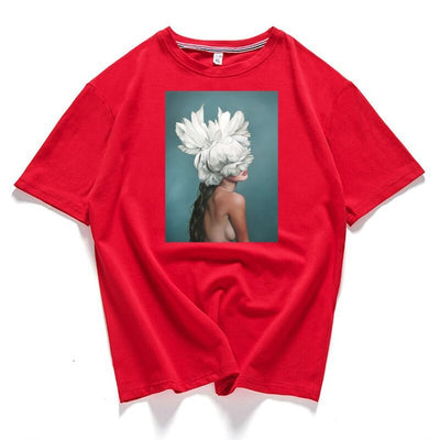95% cotton bloom flower feather women t -shirt 2019 summer short sleeve round neck harajuku printing tee Casual fashion Female