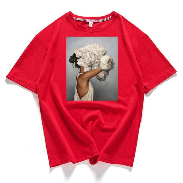 95% cotton bloom flower feather women t -shirt