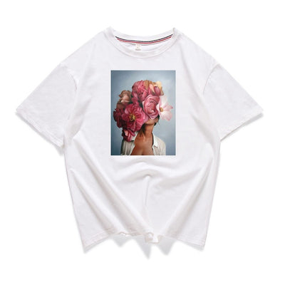 95% cotton bloom flower feather women t -shirt 2019 summer short sleeve round neck harajuku printing tee Casual fashion Female