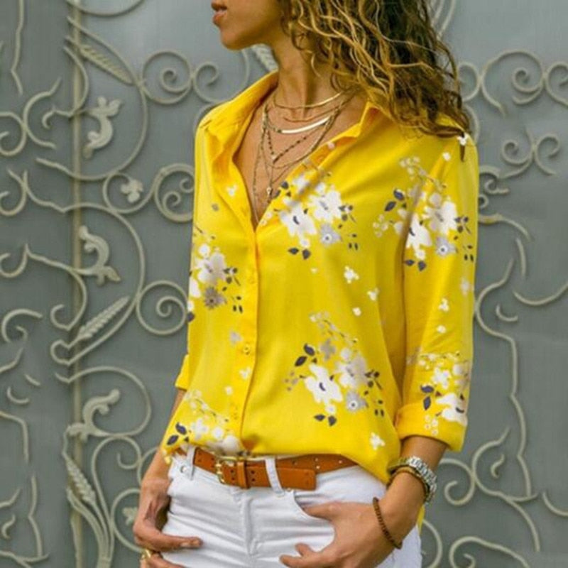 Autumn Elegant Long Sleeve Solid V-Neck Chiffon Blouse
