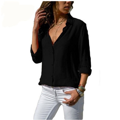 Autumn Elegant Long Sleeve Solid V-Neck Chiffon Blouse