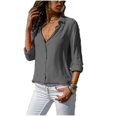 Autumn Elegant Long Sleeve Solid V-Neck Chiffon Blouse