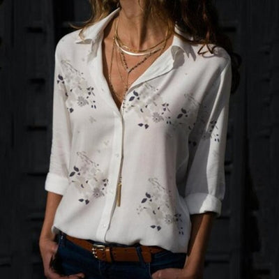 Autumn Elegant Long Sleeve Solid V-Neck Chiffon Blouse