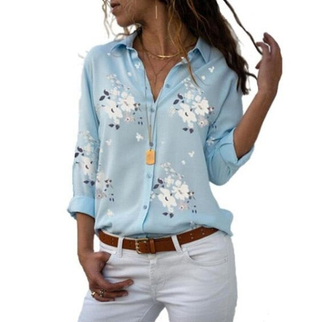 Autumn Elegant Long Sleeve Solid V-Neck Chiffon Blouse
