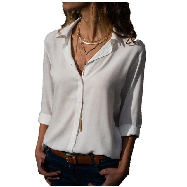 Autumn Elegant Long Sleeve Solid V-Neck Chiffon Blouse