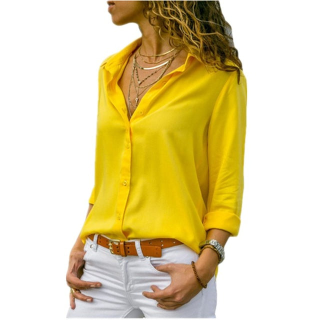 Autumn Elegant Long Sleeve Solid V-Neck Chiffon Blouse