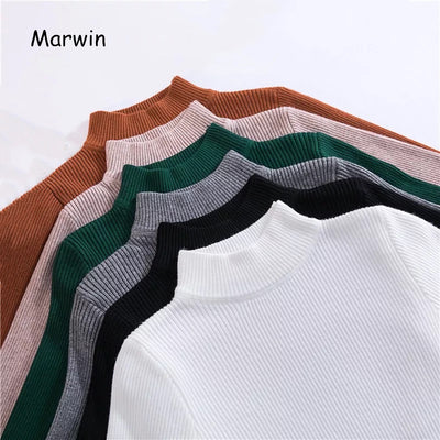 Marwin nova-vinda outono inverno pulôveres de gola alta suéteres primer camisa de manga longa curto coreano magro-ajuste camisola apertada