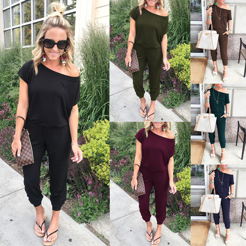 Women Slant Shoulder Casual Pocket Jumpsuit Short Sleeve