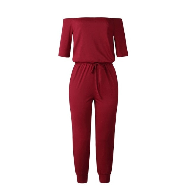 Women Slant Shoulder Casual Pocket Jumpsuit Short Sleeve