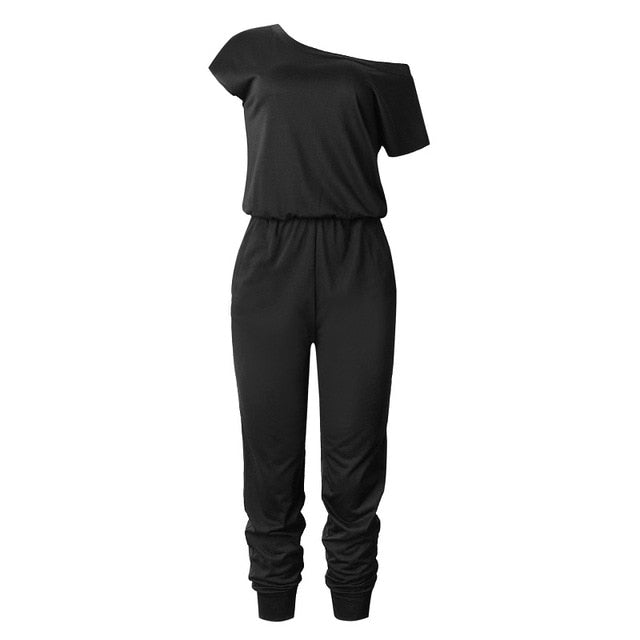 Women Slant Shoulder Casual Pocket Jumpsuit Short Sleeve