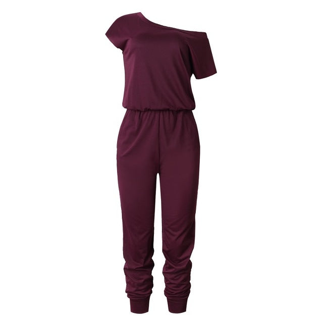 Women Slant Shoulder Casual Pocket Jumpsuit Short Sleeve