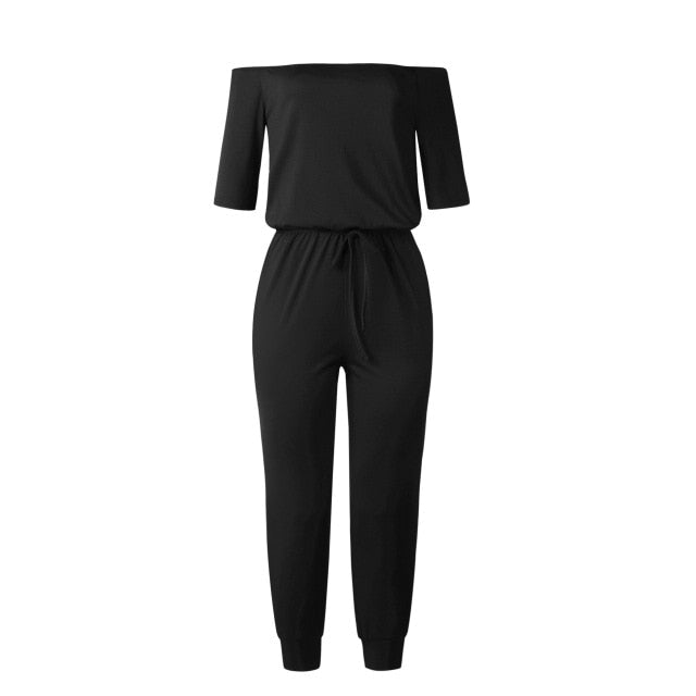 Women Slant Shoulder Casual Pocket Jumpsuit Short Sleeve