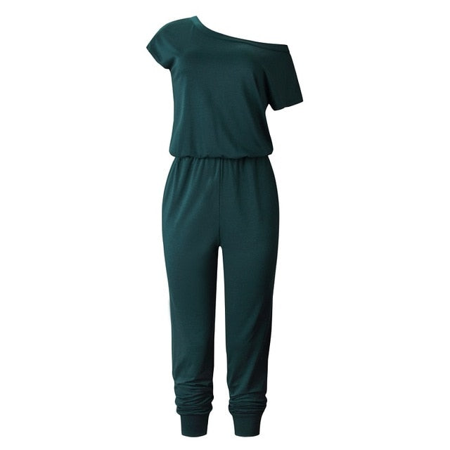 Women Slant Shoulder Casual Pocket Jumpsuit Short Sleeve