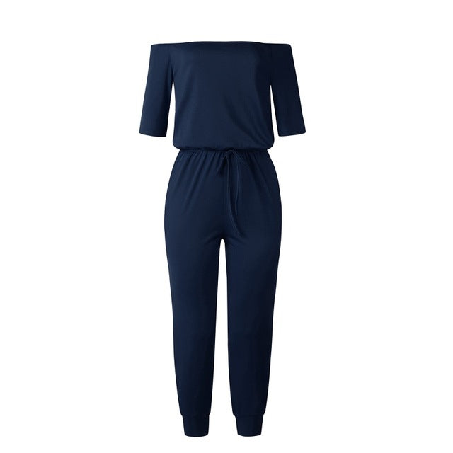 Women Slant Shoulder Casual Pocket Jumpsuit Short Sleeve