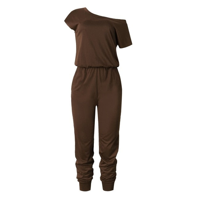 Women Slant Shoulder Casual Pocket Jumpsuit Short Sleeve