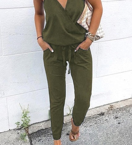 Women Slant Shoulder Casual Pocket Jumpsuit Short Sleeve