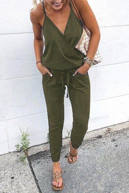 Women Slant Shoulder Casual Pocket Jumpsuit Short Sleeve